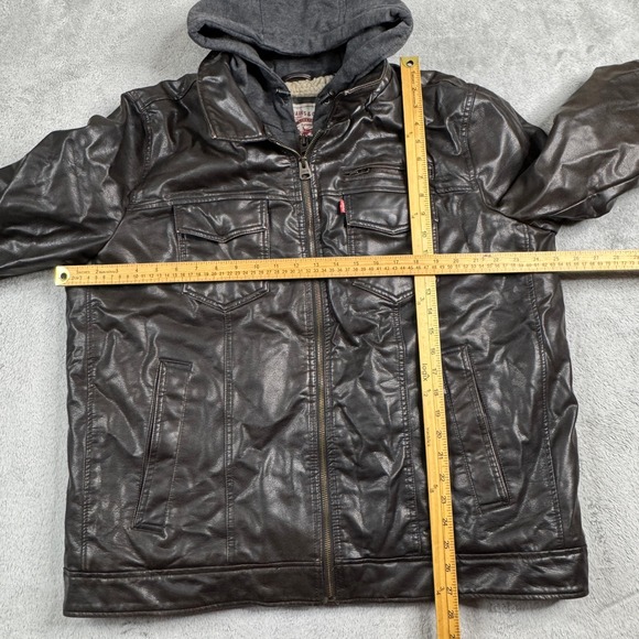 Levis Mens Faux Leather Sherpa Lined Hooded Trucker Jacket Brown XL RN54163 - Picture 8 of 12